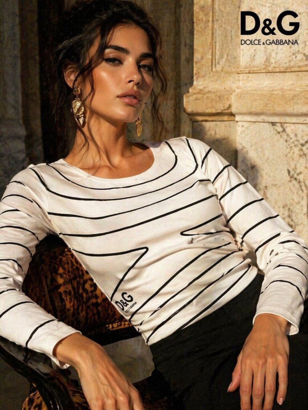 Dolce & Gabbana White Abstract Line Print Long Sleeve Top SZ M